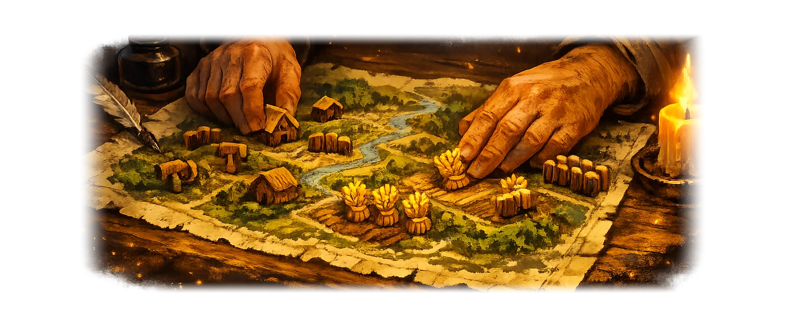 A steading map on an oak table, carved land tokens moved by weathered hands