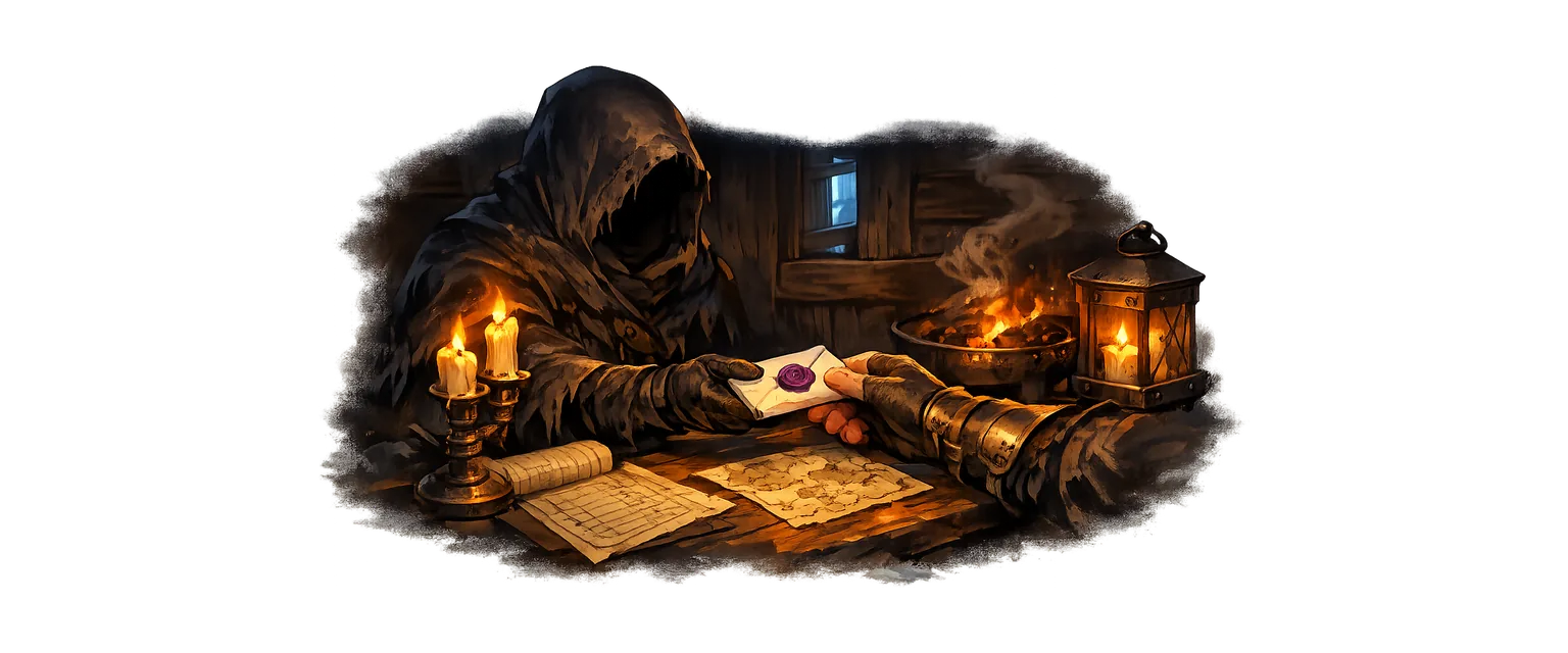 A road-worn courier hands a violet-sealed packet across a desk