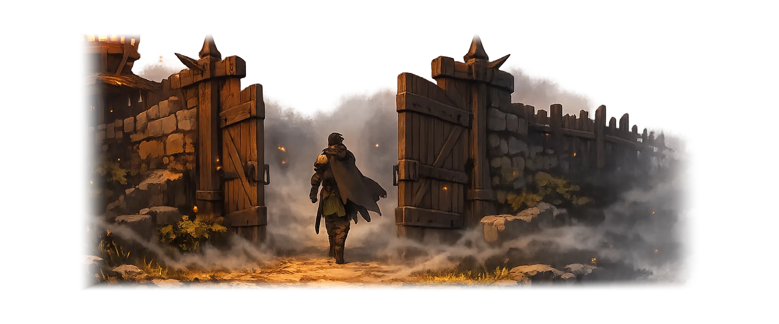 A lone Warden walks out of a steading gate at dusk, not looking back