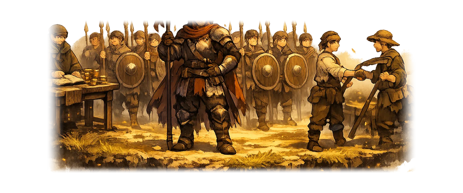 A drill yard at first light: a sergeant fronts ragged ranks of Levies
