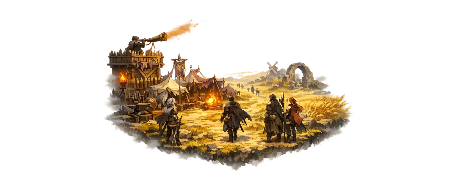 The muster horn sounds over a gathering camp of Wardens