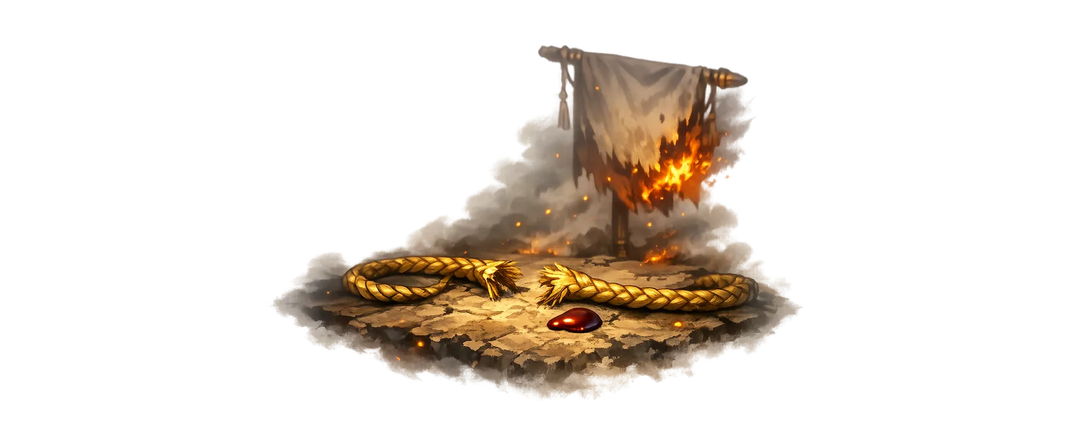 A severed oathgold cord, a banner burning