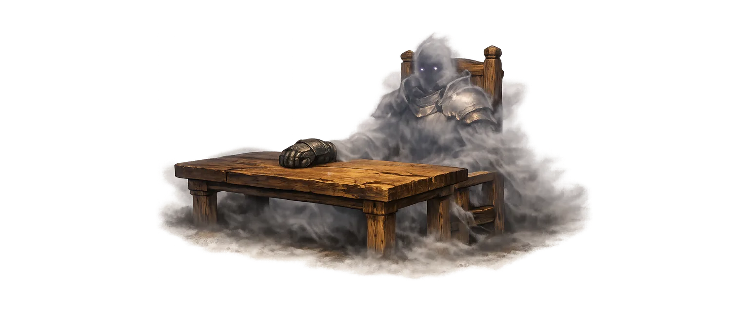 A grey, mist-wreathed Warden holding a seat at the table