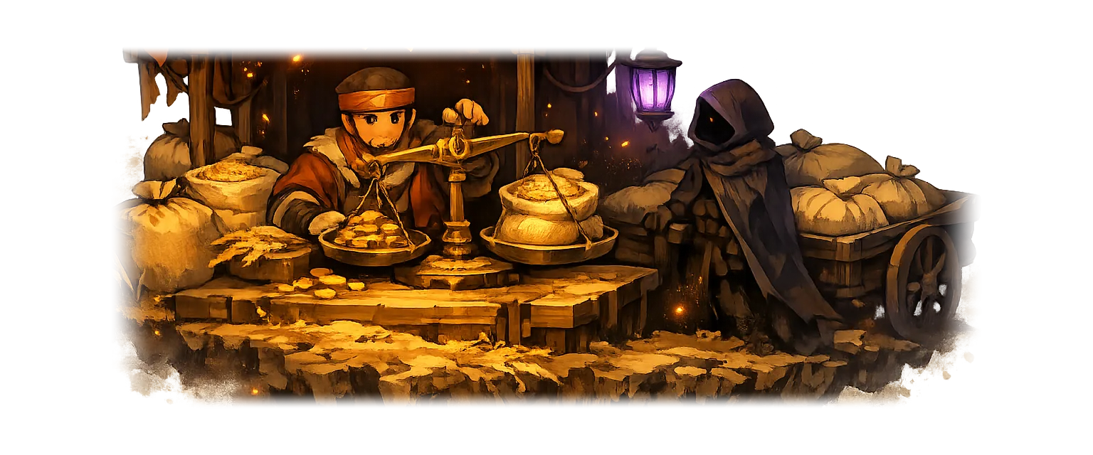 A market square: grain sacks on scales under an ember-orange awning