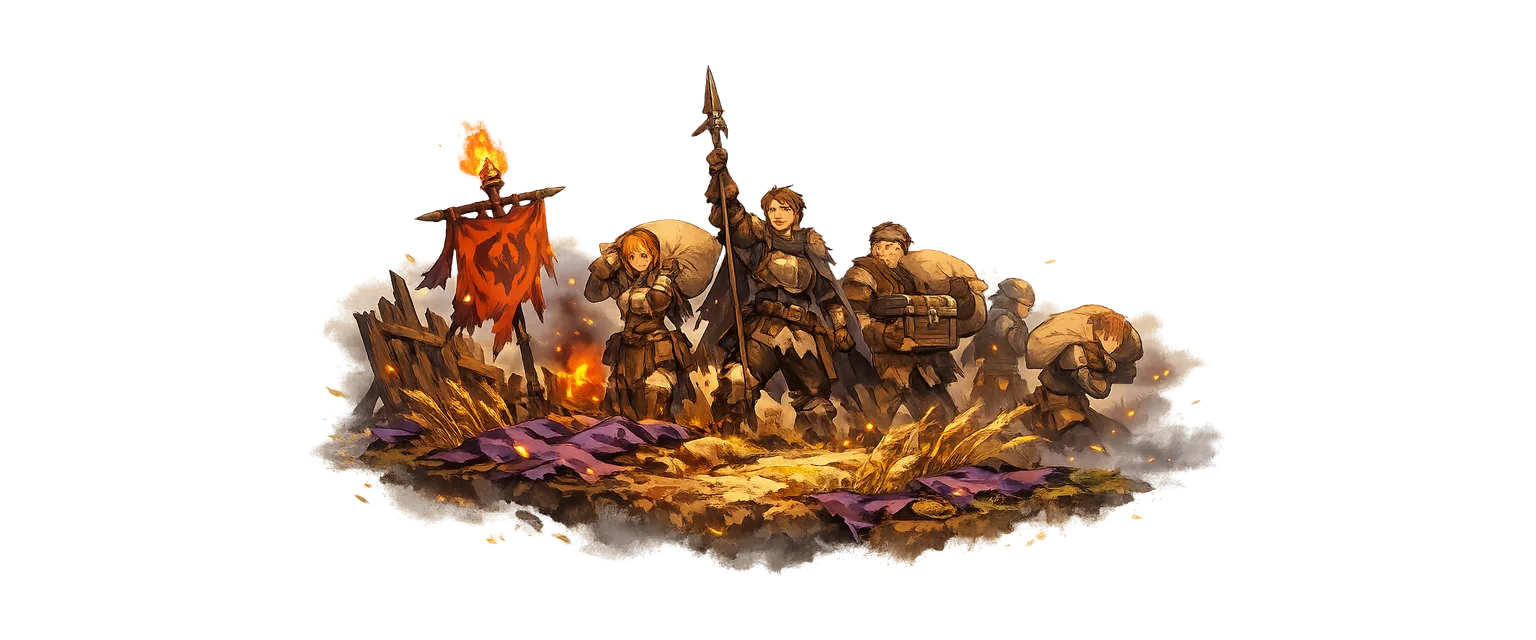 A warband crests a taken field with banner raised and spoils shouldered