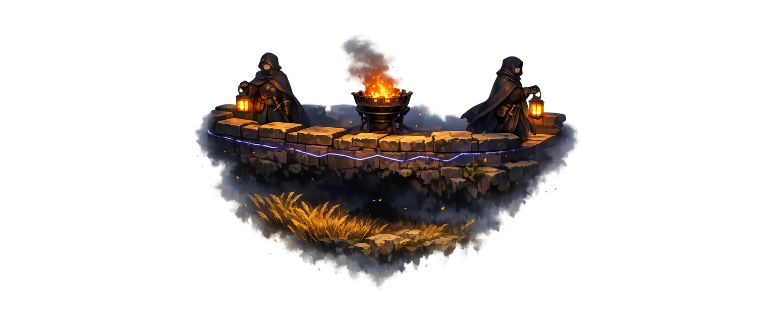 Hooded watchers pace a steading wall at night, a ward-line glinting