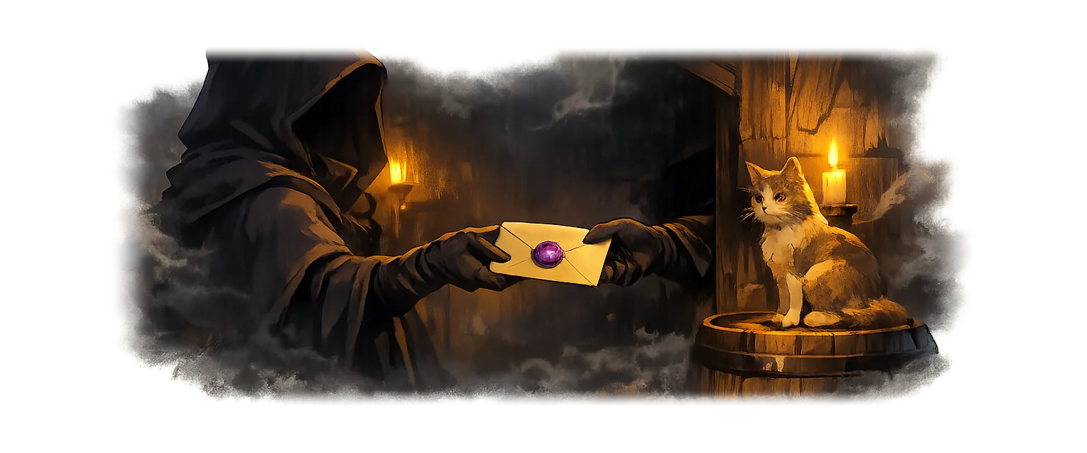 A cloaked figure passes a sealed letter in a candlelit alley